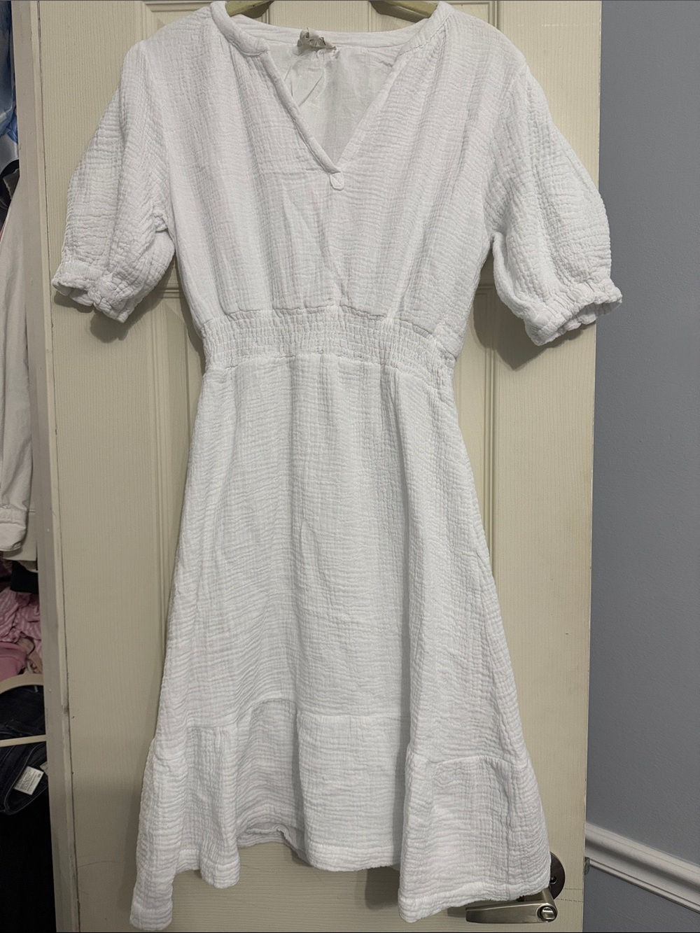 Joie White Textured Cotton Midi Dress with Puff Sleeves